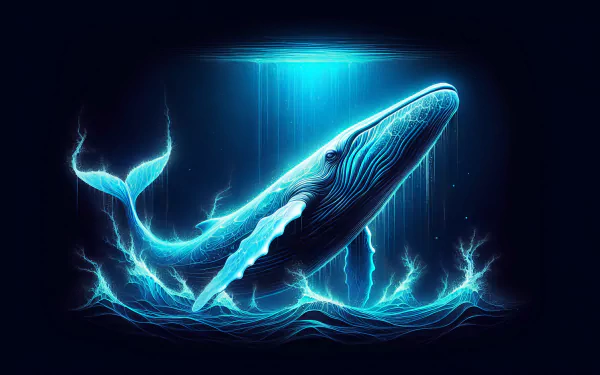 A stunning HD desktop wallpaper featuring a blue whale gracefully breaching the ocean's surface, illuminated by vibrant blue light and surrounded by energetic waves.