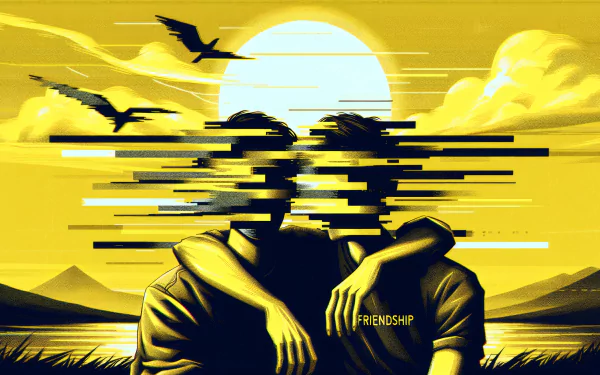 Abstract artistic friendship-themed HD desktop wallpaper featuring two silhouetted figures with a glitch effect over a yellow-toned landscape background with flying birds.