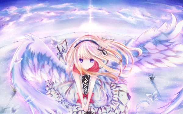 Anime angel with long blonde hair and large white wings soars in a vibrant, ethereal sky, captured in an HD PC desktop wallpaper background.