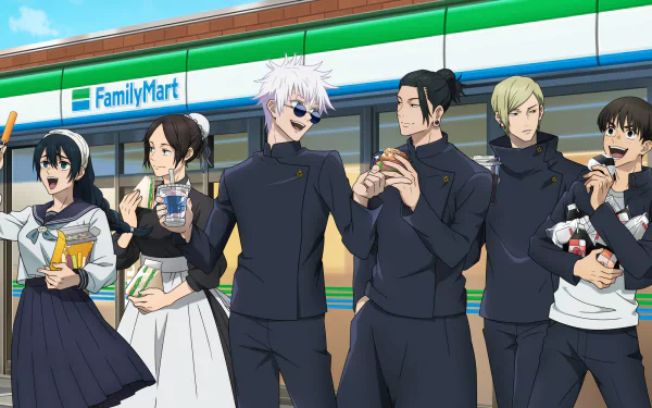 HD PC desktop wallpaper featuring anime characters from Jujutsu Kaisen enjoying snacks outside a FamilyMart convenience store.