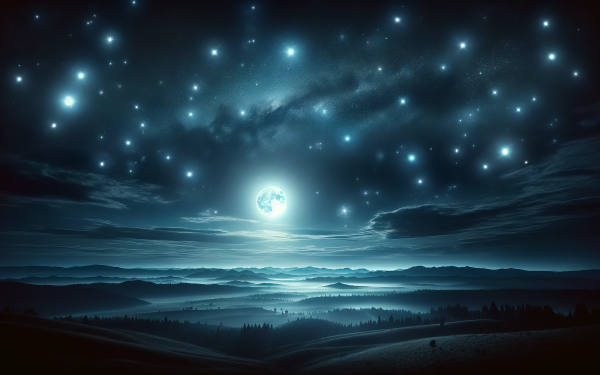HD desktop wallpaper of a starry night sky with a bright moon over serene hills.