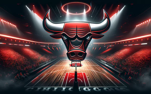 HD wallpaper of the Chicago Bulls logo on a basketball court with stadium lights in the background for desktop background.