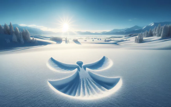 HD desktop wallpaper featuring a pristine snow angel under a brilliant sun in a snowy landscape with evergreen trees and mountains in the background.