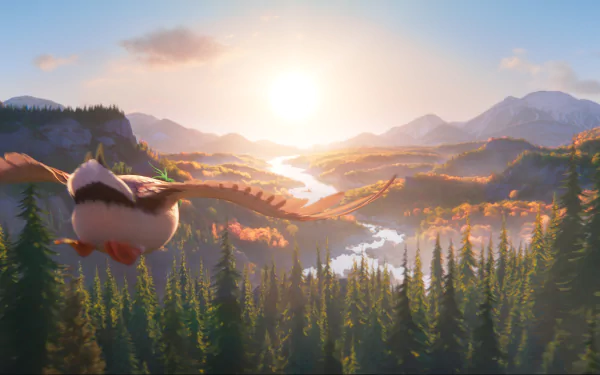 Animated bird flying over scenic valley at sunrise from the movie Migration (2023) - HD desktop wallpaper and background.