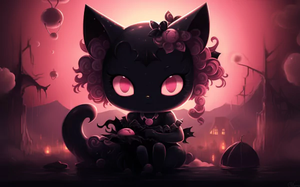 Kuromi Hello Kitty HD desktop wallpaper featuring a stylized black cat character with pink eyes set against a dark whimsical background with floating elements.