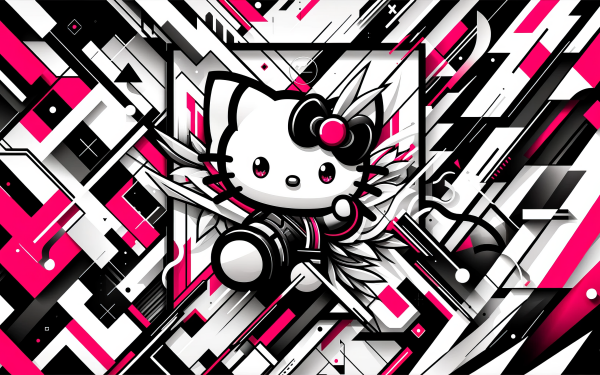 HD Hello Kitty desktop wallpaper with a dynamic geometric black, white, and pink background.