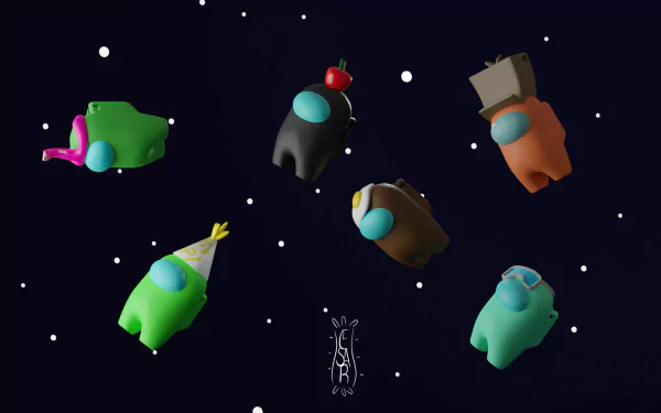 HD Among Us desktop wallpaper featuring colorful crewmate characters floating in space.
