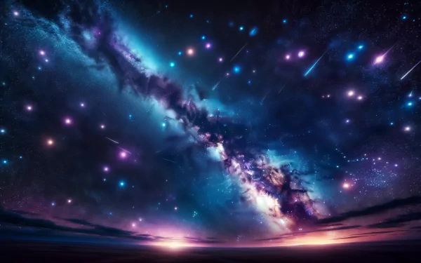 A stunning starry night scene displays a vibrant galaxy filled with colorful stars and meteors, creating a captivating HD desktop wallpaper and background.