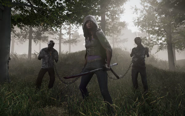 HD wallpaper featuring a character from The Walking Dead: Destinies video game standing ready to battle zombies in a misty forest setting.