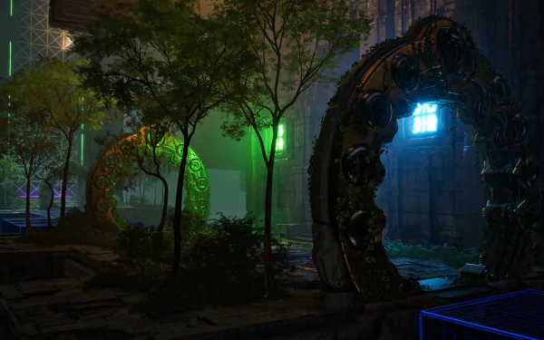 HD wallpaper featuring a scene from The Talos Principle 2 video game with glowing puzzle portals and a mysterious, ancient temple environment.