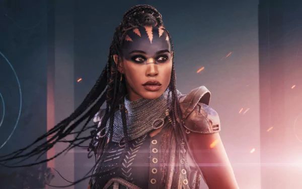 HD wallpaper of a fierce warrior character from the movie Rebel Moon, donning futuristic armor and tribal-inspired makeup, set against a misty cosmic backdrop.