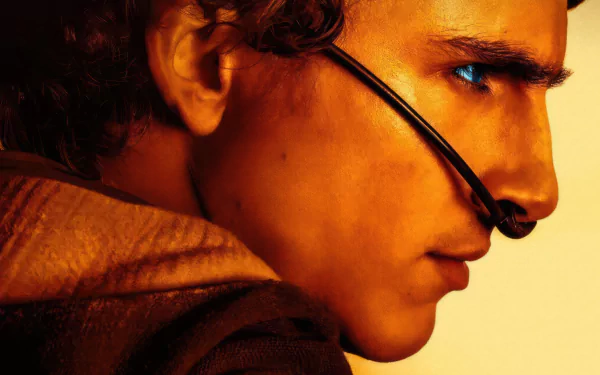 A striking HD wallpaper featuring Timothée Chalamet as Paul Atreides in *Dune: Part Two*, showcasing his intense expression and iconic desert gear against a dramatic backdrop.