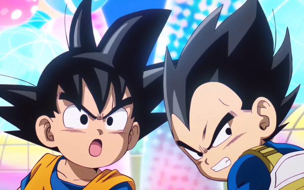 HD desktop wallpaper featuring Goku and Vegeta from Dragon Ball DAIMA anime with a vibrant background.