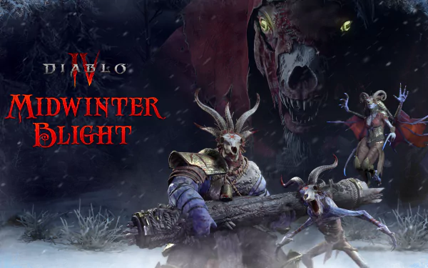 HD desktop wallpaper featuring Diablo IV's Midwinter Blight theme with menacing characters and eerie giant wolf background.