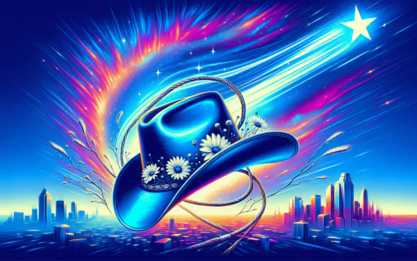 Vibrant HD Dallas Cowboys themed desktop wallpaper featuring an artistic cowboy hat with glowing neon accents over a stylized city skyline backdrop.