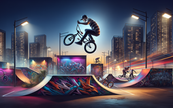 High-definition BMX wallpaper featuring a cyclist performing aerial tricks at a skatepark with vibrant street art, under the evening city lights.