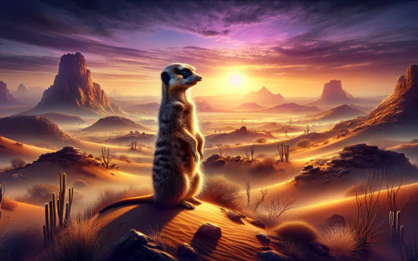 A vigilant meerkat standing on a desert sand dune with a vivid sunset backdrop in an HD wallpaper.