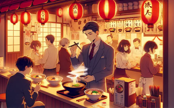 HD desktop wallpaper depicting a cozy ramen shop interior with people enjoying their meals under warm, glowing lanterns.
