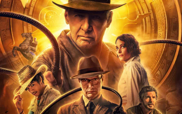 HD desktop wallpaper for Indiana Jones and the Dial of Destiny featuring iconic characters in action-packed poses against an ancient artifact backdrop.