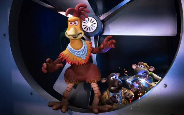 A vibrant HD wallpaper from Chicken Run: Dawn of the Nugget, featuring animated characters engaging in an adventurous scene amidst industrial elements.