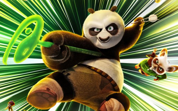 HD desktop wallpaper from Kung Fu Panda 4 featuring Po and Shifu in dynamic action poses with a vibrant green burst background.