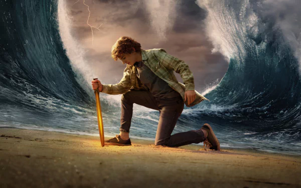 Percy Jackson and the Olympians TV show wallpaper featuring a character kneeling on a beach with a sword, with a massive wave and lightning in the background.