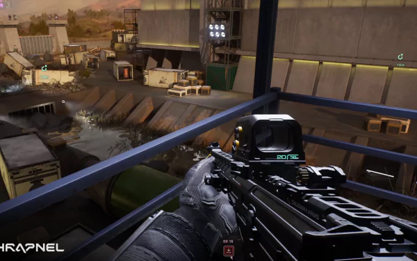 HD wallpaper of first-person perspective in the video game Shrapnel, featuring a detailed view of a rifle and industrial game environment.