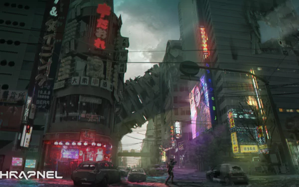 HD desktop wallpaper featuring Shrapnel video game with futuristic cityscape and neon signs.