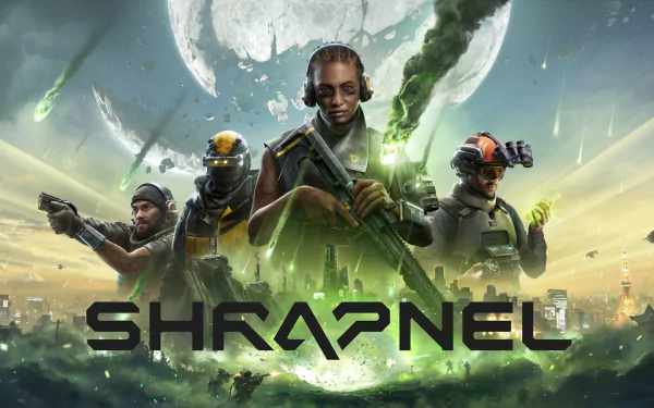 HD desktop wallpaper featuring characters from the video game Shrapnel against a dystopian city backdrop.