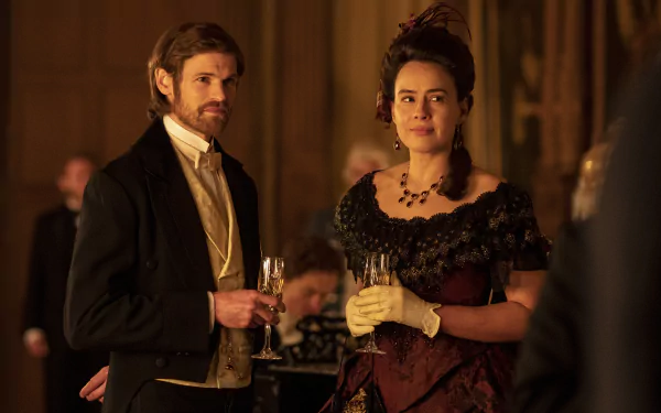HD wallpaper featuring a scene from Belgravia: The Next Chapter TV show with two characters at a formal event.