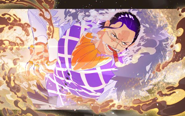 Anime 4K Ultra HD desktop wallpaper featuring Crocodile from One Piece, depicted with intense expression and vivid golden sand effects surrounding him.