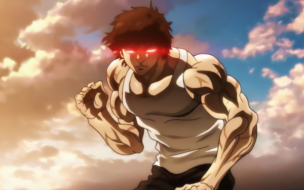 HD wallpaper of anime character Baki Hanma in an action pose with a dynamic, cloud-filled sky in the background.