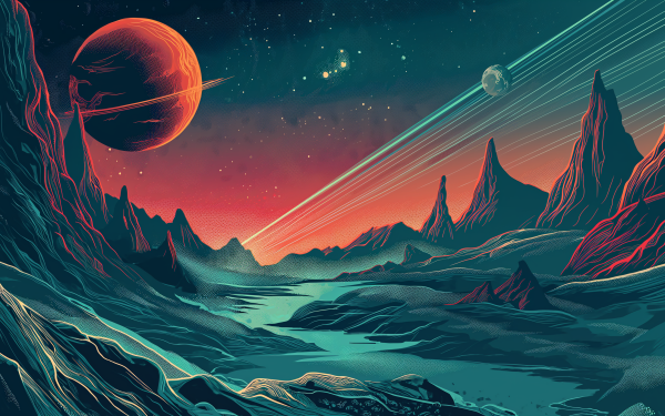 HD sci-fi wallpaper illustration featuring a cosmic landscape with planets, space, and a river on an alien world, ideal for desktop background.
