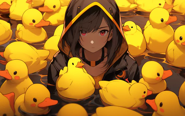 Anime girl surrounded by ducks HD wallpaper for desktop backgrounds.