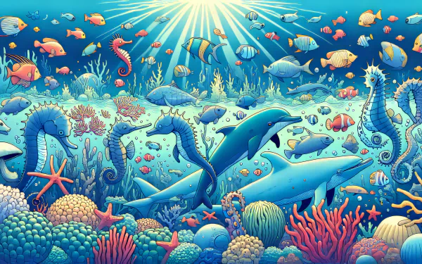 Vibrant HD desktop wallpaper featuring diverse marine life with whales, fish, coral, and seahorses in an underwater scene.