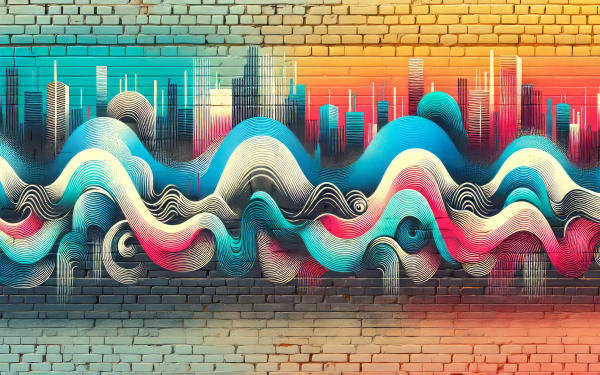 HD desktop wallpaper featuring abstract colorful wave patterns blending with a stylized cityscape on a brick wall background.