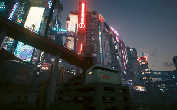 A futuristic cyberpunk cityscape featuring neon lights and digital billboards against a dark, urban backdrop - perfect as a HD desktop wallpaper.