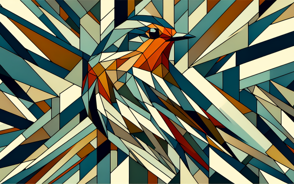 Abstract geometric robin HD wallpaper for desktop backgrounds, featuring a stylized bird in a vibrant mosaic of colors.
