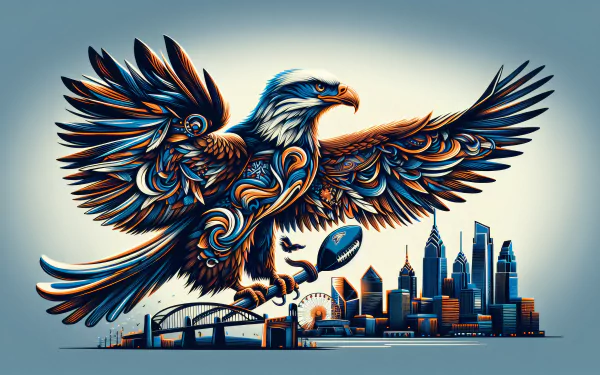 HD desktop wallpaper featuring a stylized eagle in flight above the Philadelphia skyline, symbolizing the Philadelphia Eagles.