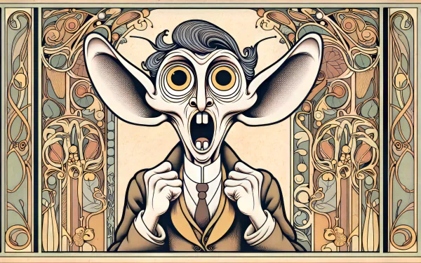 HD desktop wallpaper featuring a cartoon-style character with an exaggerated goofy expression, framed by an ornate Art Nouveau design.
