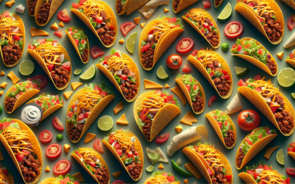 HD wallpaper featuring an array of delicious tacos with toppings perfect for a food-themed desktop background.