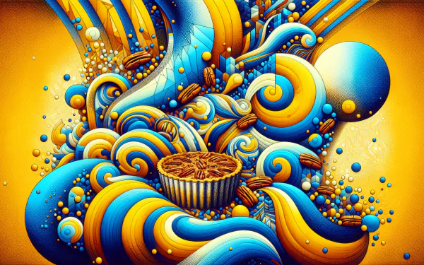 A vibrant HD desktop wallpaper featuring a stylized pecan pie surrounded by swirling blue and yellow patterns, creating an energetic and artistic atmosphere.