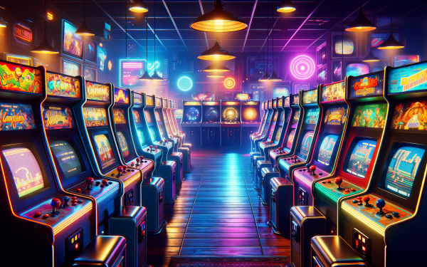 Vibrant HD desktop wallpaper of a retro arcade room with rows of colorful arcade machines illuminated by neon lights.