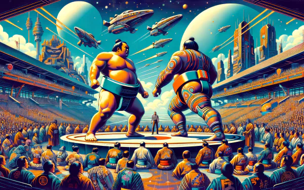 HD wallpaper of two sumo wrestlers facing off in a futuristic arena with spaceships and a vibrant cityscape as the backdrop.