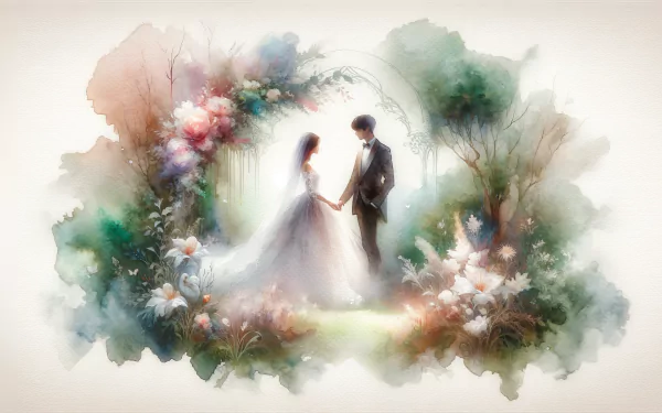 Ethereal wedding-themed HD desktop wallpaper featuring an illustrated bride and groom in a magical floral archway.