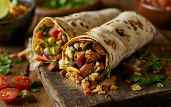 Delicious Mexican burrito with vegetables on a wooden board, perfect for HD food wallpaper.
