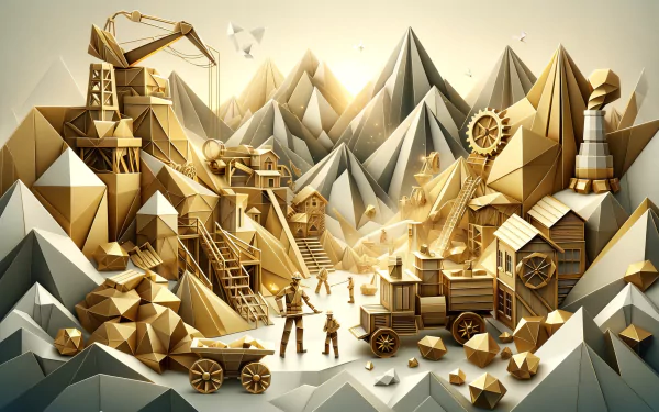 HD desktop wallpaper featuring an artistic gold mining scene with mountains, mining structures, and equipment.