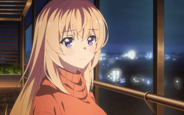 HD wallpaper featuring Kei Karuizawa from Classroom of the Elite anime, standing on a balcony with a night cityscape in the background.