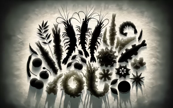 Decorative HD desktop wallpaper featuring artistic silhouettes of tempura and assorted plants with a moody, shadowy background.