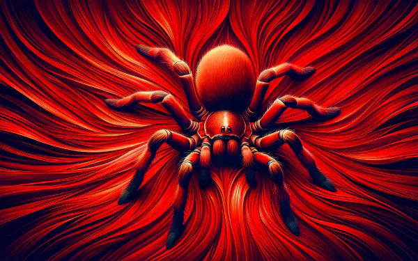 HD desktop wallpaper featuring an artistically rendered brown recluse spider on a vivid red background with swirling patterns.
